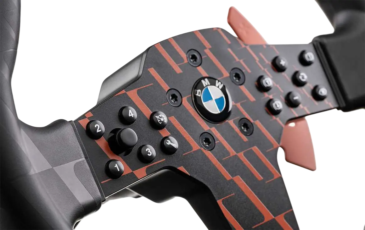 Three-quarter view of the Fanatec CSL Steering Wheel BMW showing the rim profile and shifter paddles